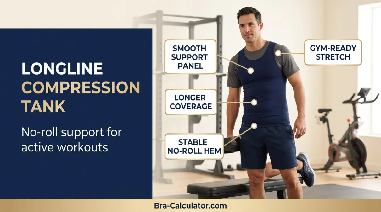 Longline compression tank for gynecomastia support during workouts and no roll fit