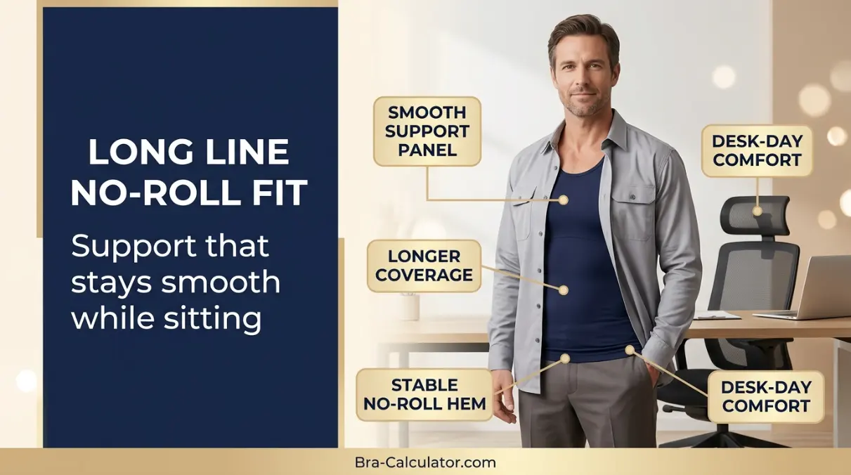 Longline compression tank for gynecomastia support at work no roll fit