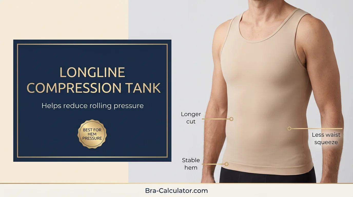 Longline compression tank for gynecomastia when short compression is too tight or rolls