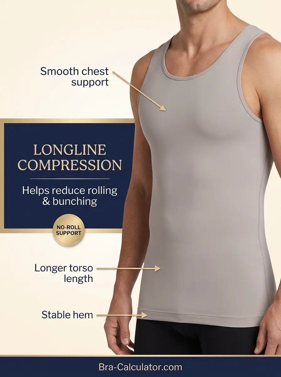 Longline moderate compression tank for gynecomastia no roll support