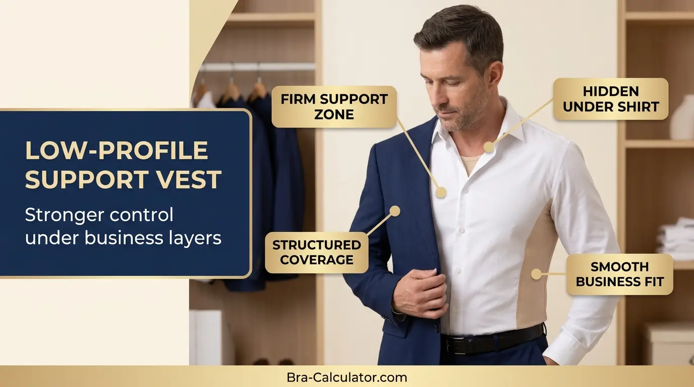 Low profile support vest for gynecomastia under business clothes