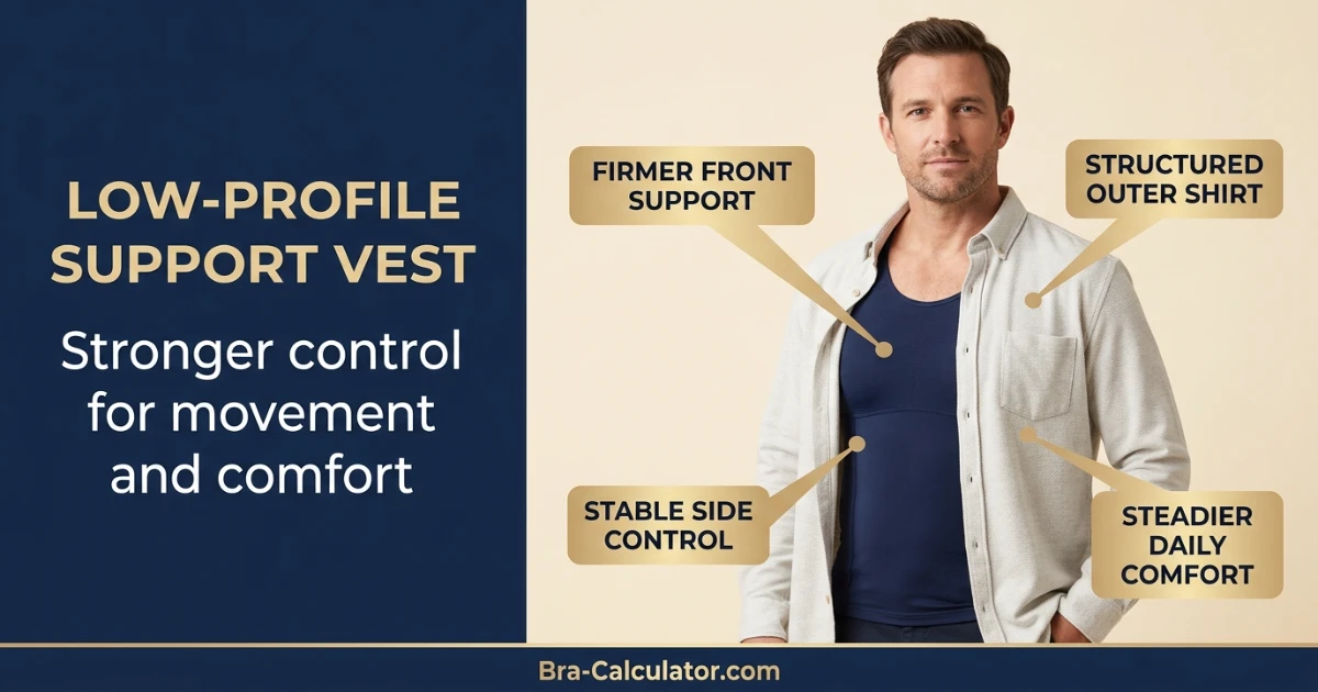 Low profile support vest for gynecomastia or larger chest movement control