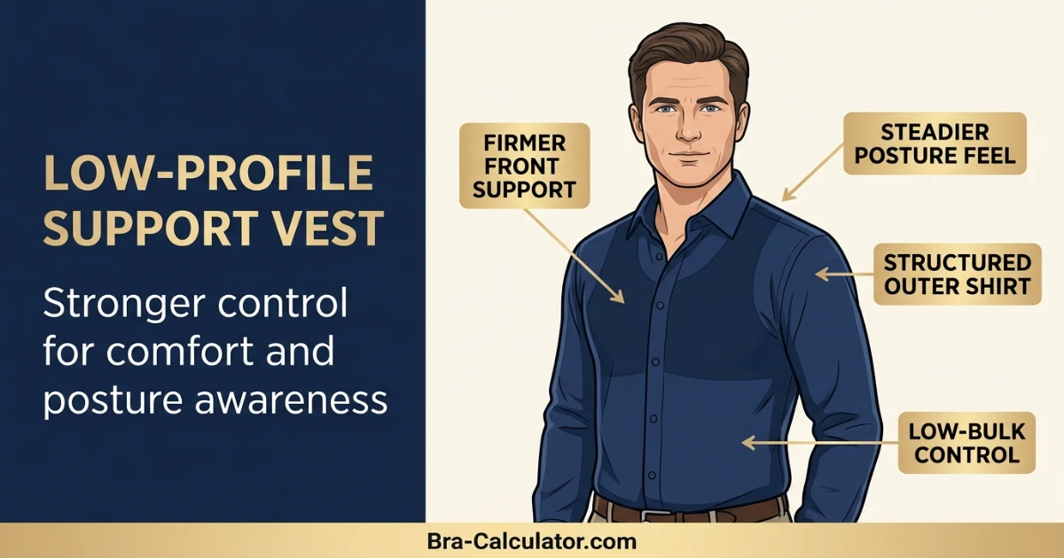 Low profile gynecomastia vest for stronger movement control and posture comfort awareness