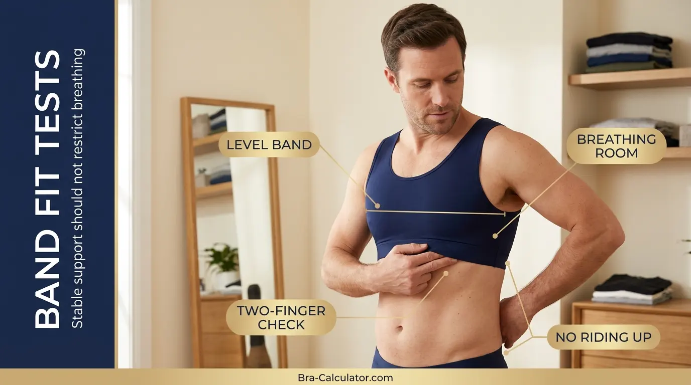Male bra band size fit tests showing level band breathing check and two finger check