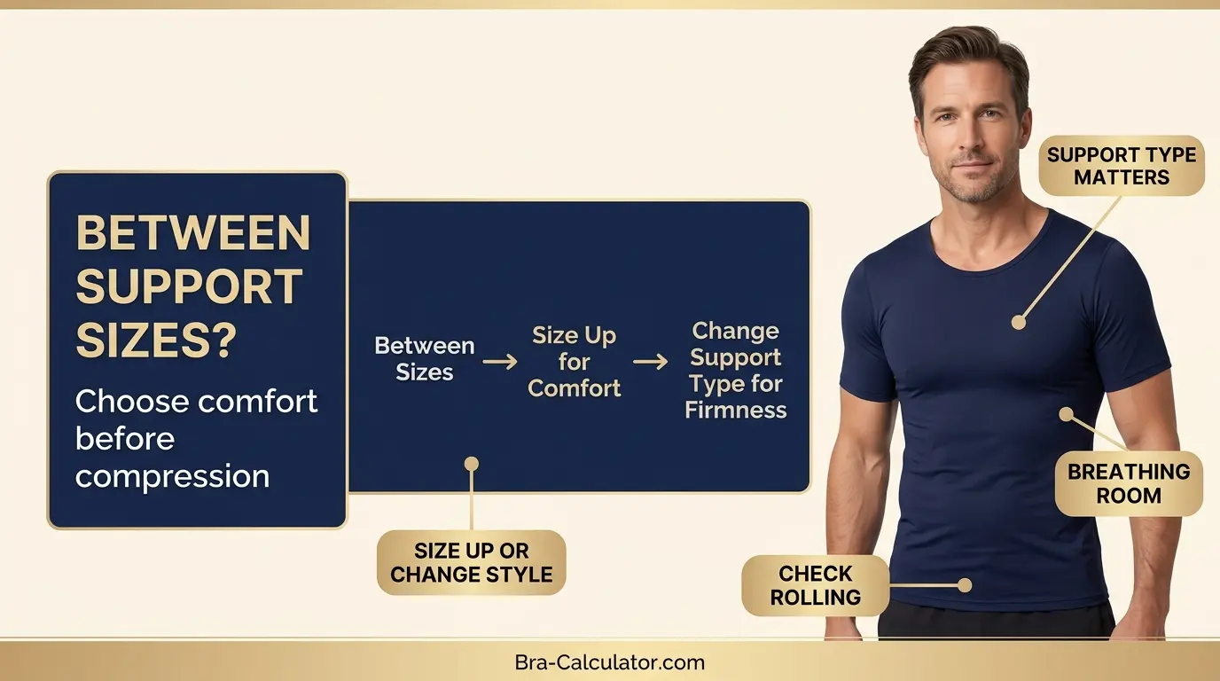 Male bra sizing chart for gynecomastia showing when to size up or change support type