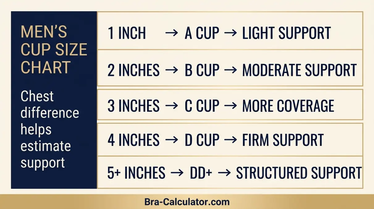 Men's cup size chart for gynecomastia support showing chest difference and support direction