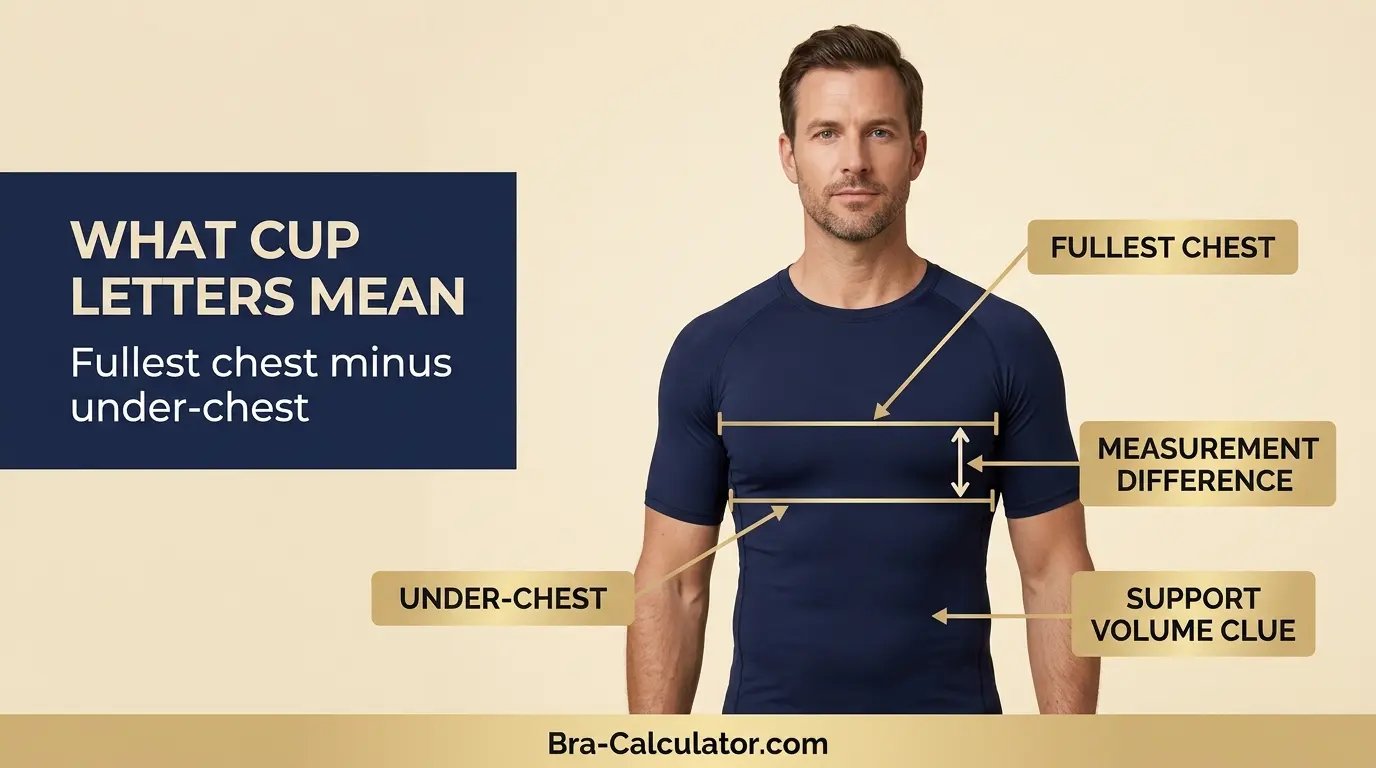 Men's cup size guide explaining under chest and fullest chest difference for gynecomastia support