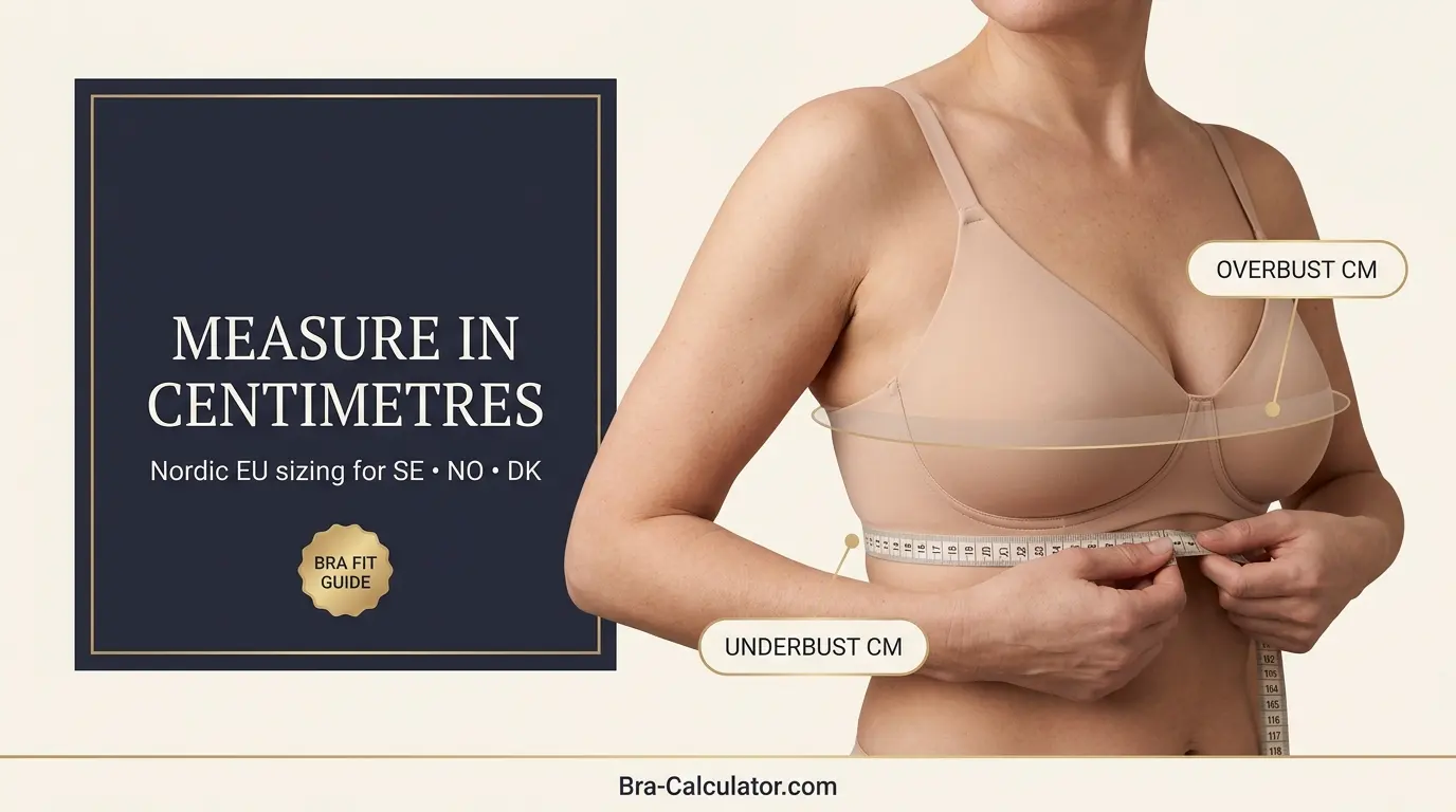 Nordic bra size measurement guide showing underbust and overbust measurement in centimetres for accurate Scandinavian Swedish Norwegian Danish EU bra fitting