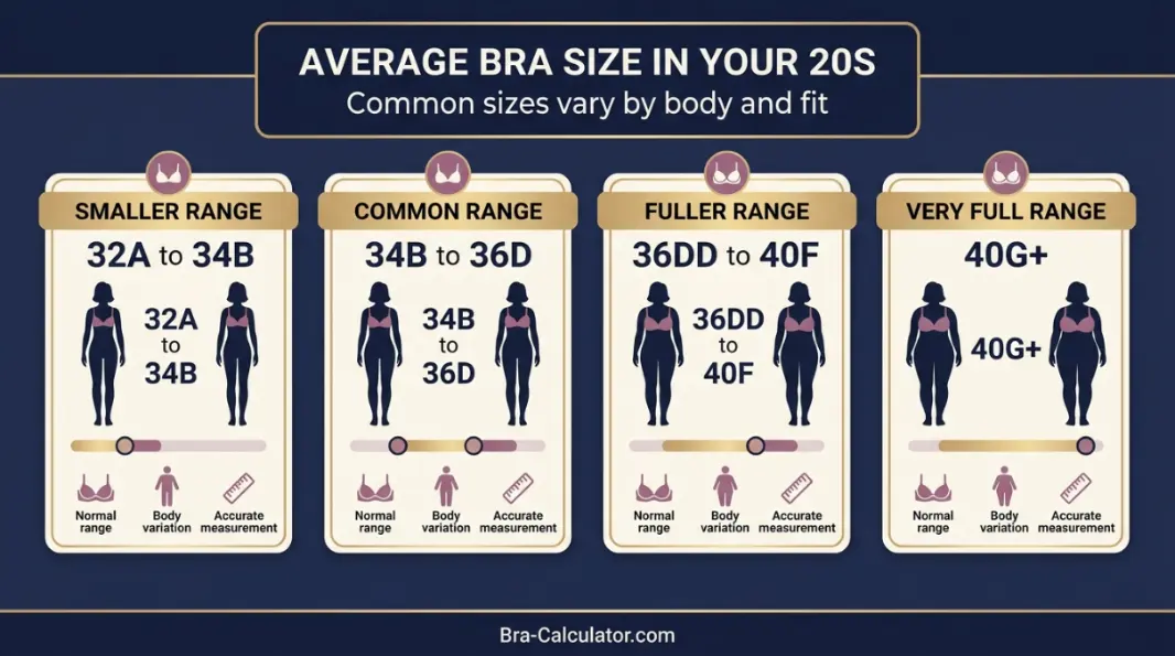 Average bra size chart for women age 20 with normal size range and fit context