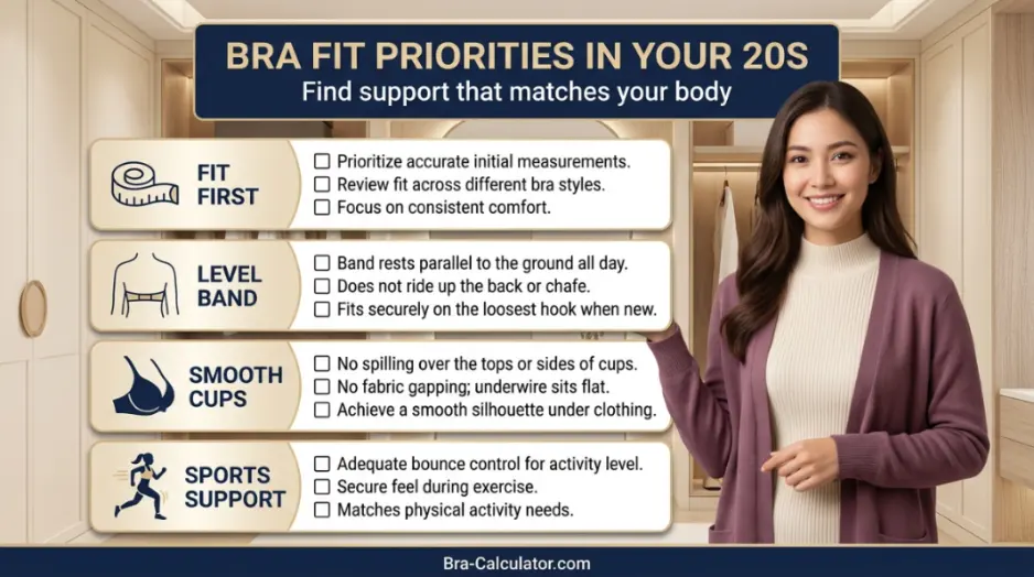 Bra fit priorities for women in their 20s with band cup straps and support checklist