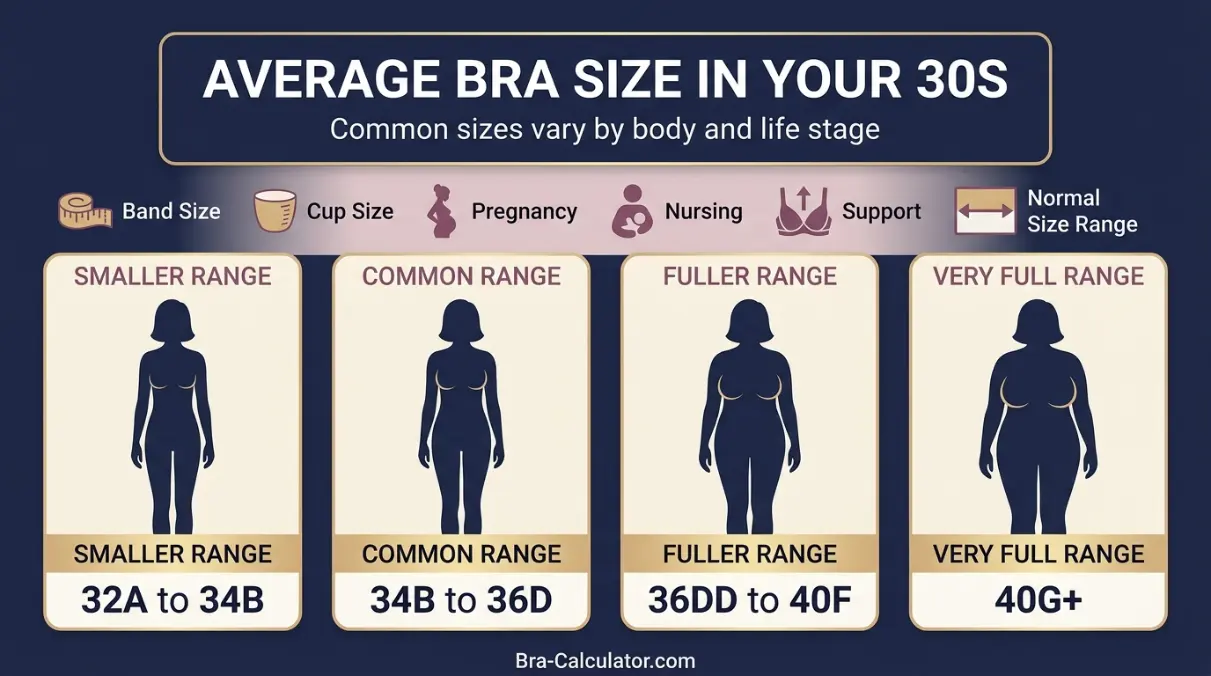 Average bra size chart for women age 30 with normal size range and fit context