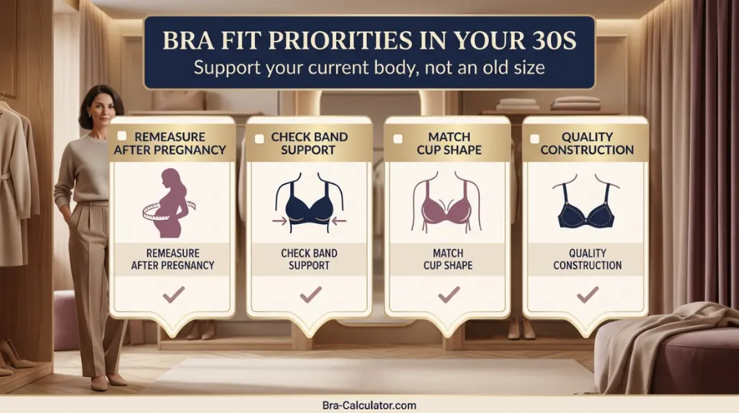 Bra fit priorities for women in their 30s with band cup straps and support checklist