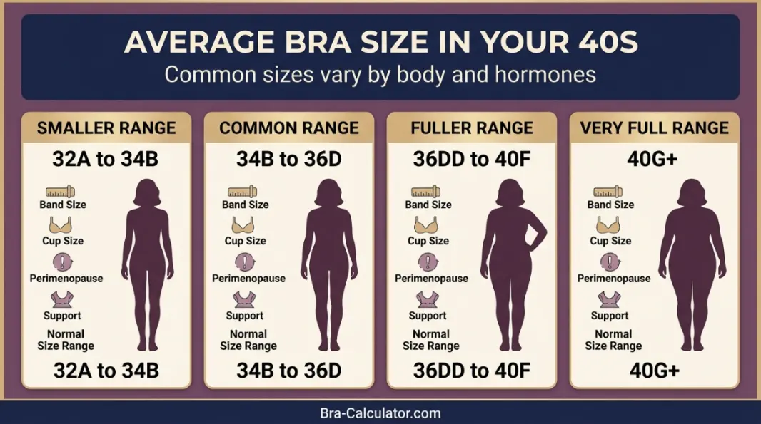 Average bra size chart for women age 40 with normal size range and fit context