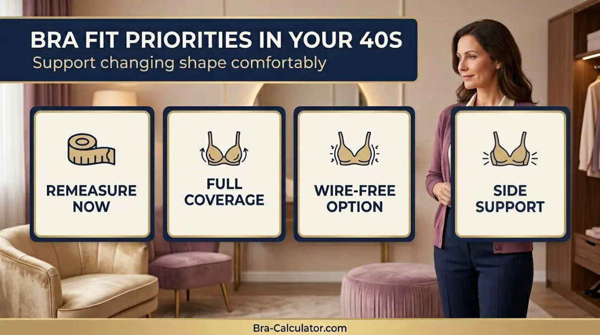 Bra fit priorities for women in their 40s with band cup straps and support checklist