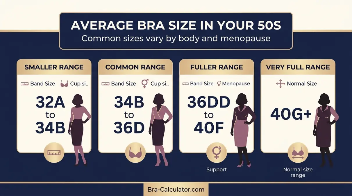 Average bra size chart for women age 50 with normal size range and fit context
