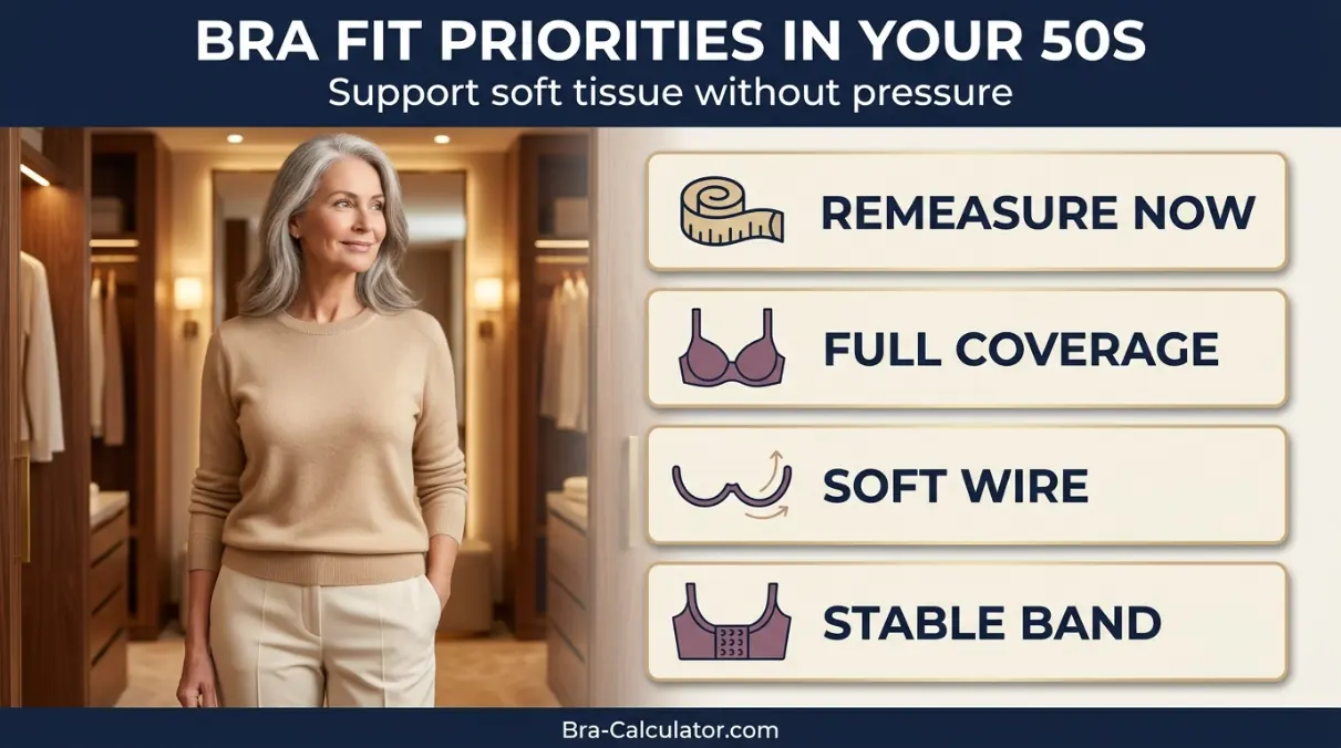 Bra fit priorities for women in their 50s with band cup straps and support checklist