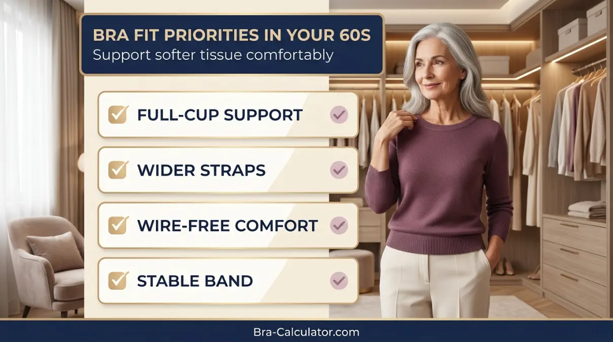 Bra fit priorities for women in their 60s with band cup straps and support checklist