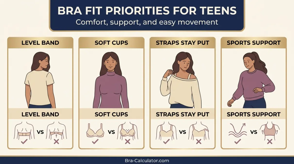 Bra fit priorities for teens with band cup straps and support checklist