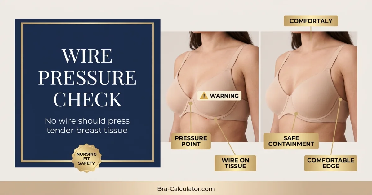 Nursing bra illustration comparing wire pressure on breast tissue with safe comfortable cup containment