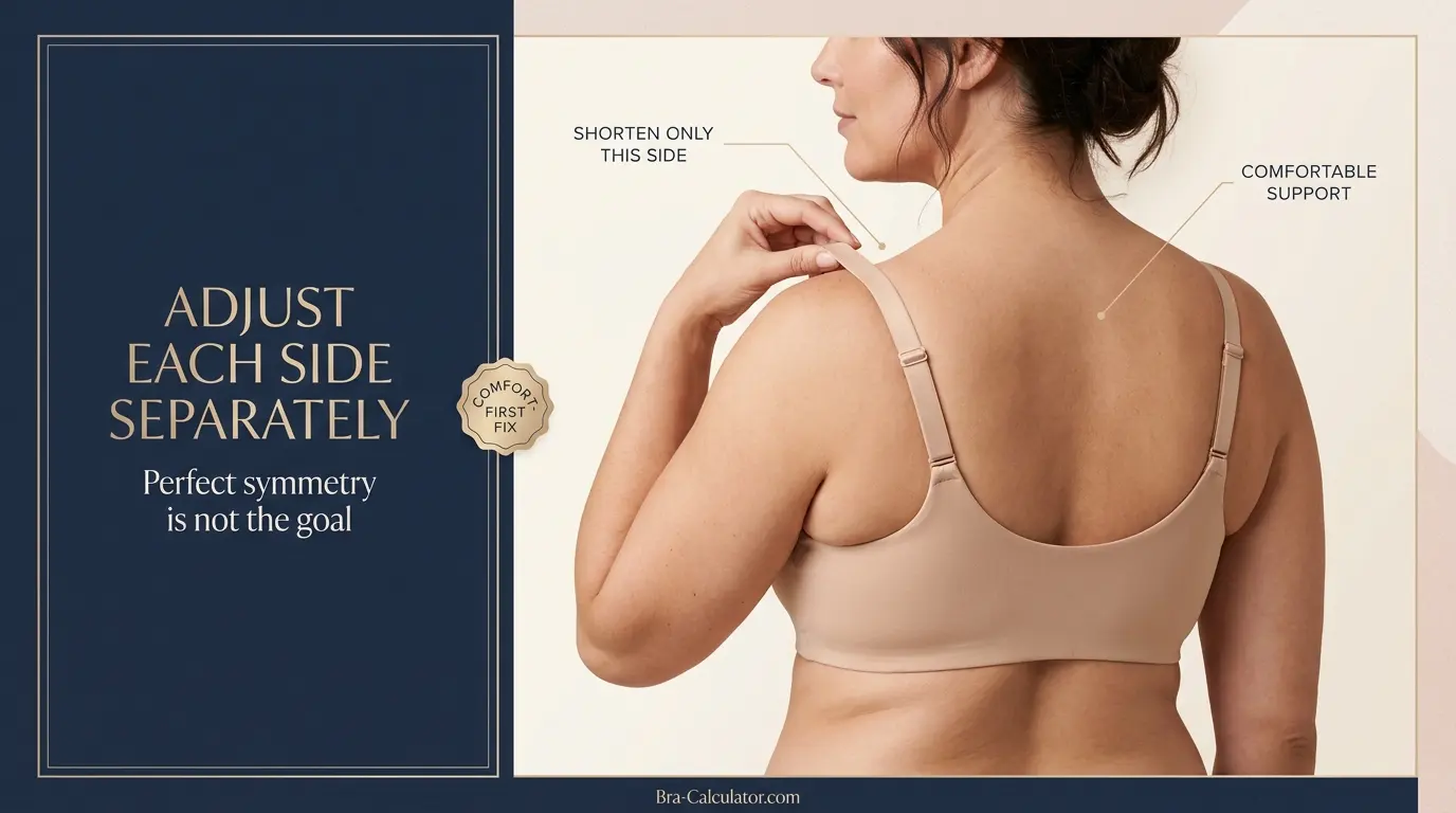 One bra strap slipping adjustment guide showing individual strap length and cup balancing fixes