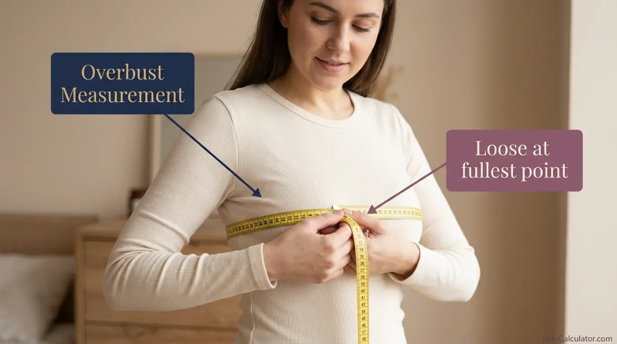 Woman measuring overbust at fullest point for bra cup size