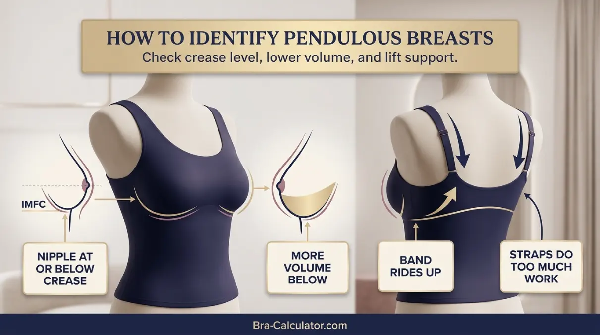Diagram showing pendulous breast identification — nipple position relative to breast crease and lower-heavy volume