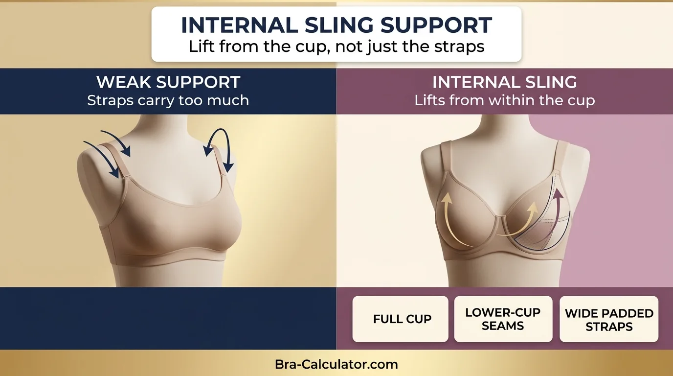 Cross-section diagram of internal sling bra construction showing how the sling lifts pendulous tissue from within the cup