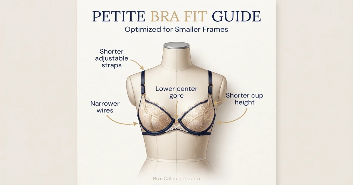 Petite bra fit diagram showing shorter straps low gore narrow wires and cup height