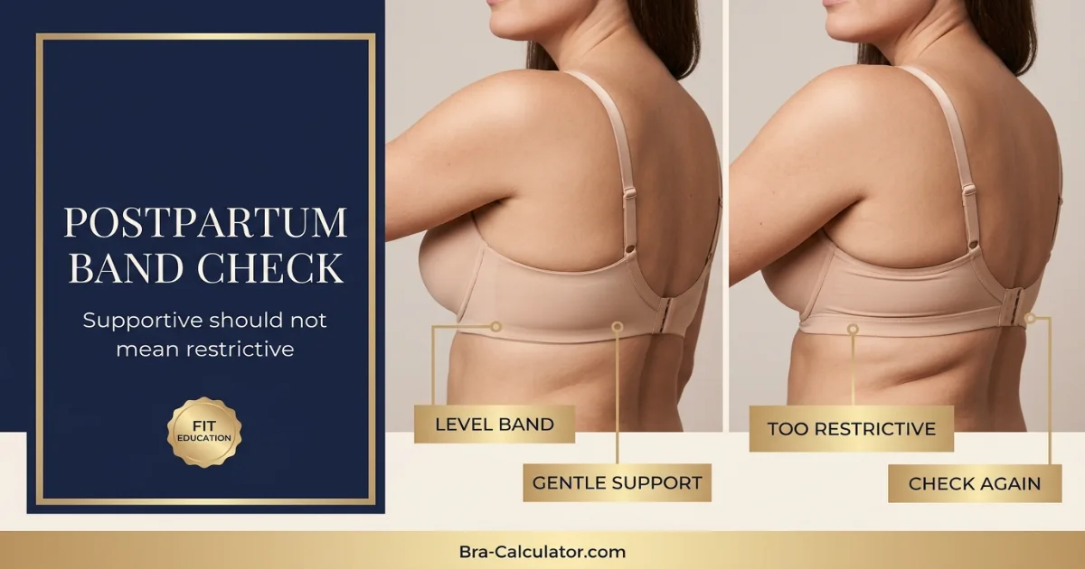 Postpartum bra fit illustration comparing a comfortable level band with a restrictive tight band