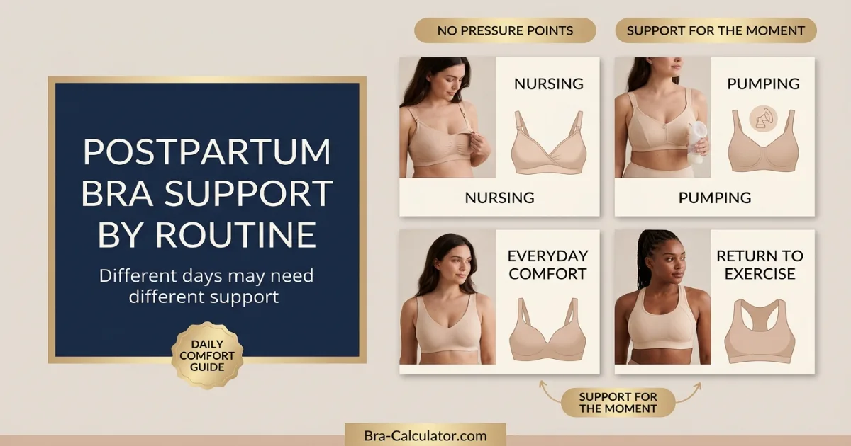 Postpartum bra fit visual guide for nursing pumping daily comfort and return to exercise