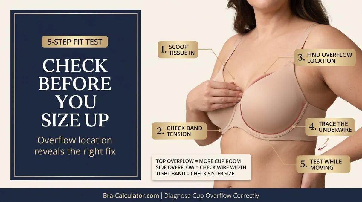 Five tests for quad boob bra fit checking overflow location band tightness underwire seat and movement