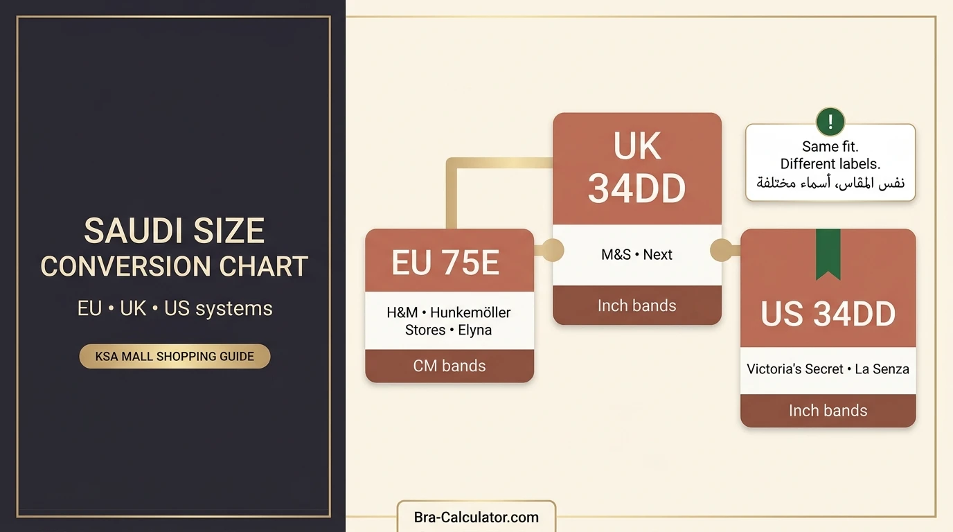 Saudi Arabia bra size conversion chart comparing EU H&M sizing with UK M&S and US Victoria's Secret systems used in Riyadh Jeddah KSA malls