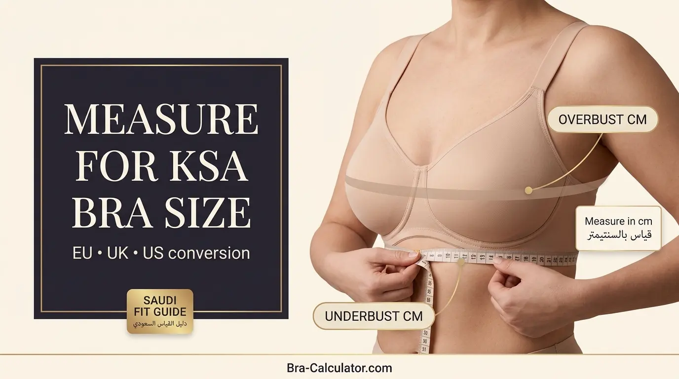 Saudi Arabia bra size measurement guide showing underbust and overbust measurement in centimetres for KSA bra sizing across H&M EU M&S UK and Victoria's Secret US systems in Riyadh Jeddah
