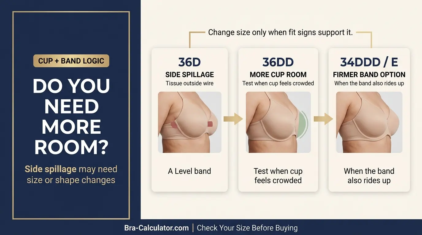 Correct wire placement versus narrow underwire causing side spillage in a bra