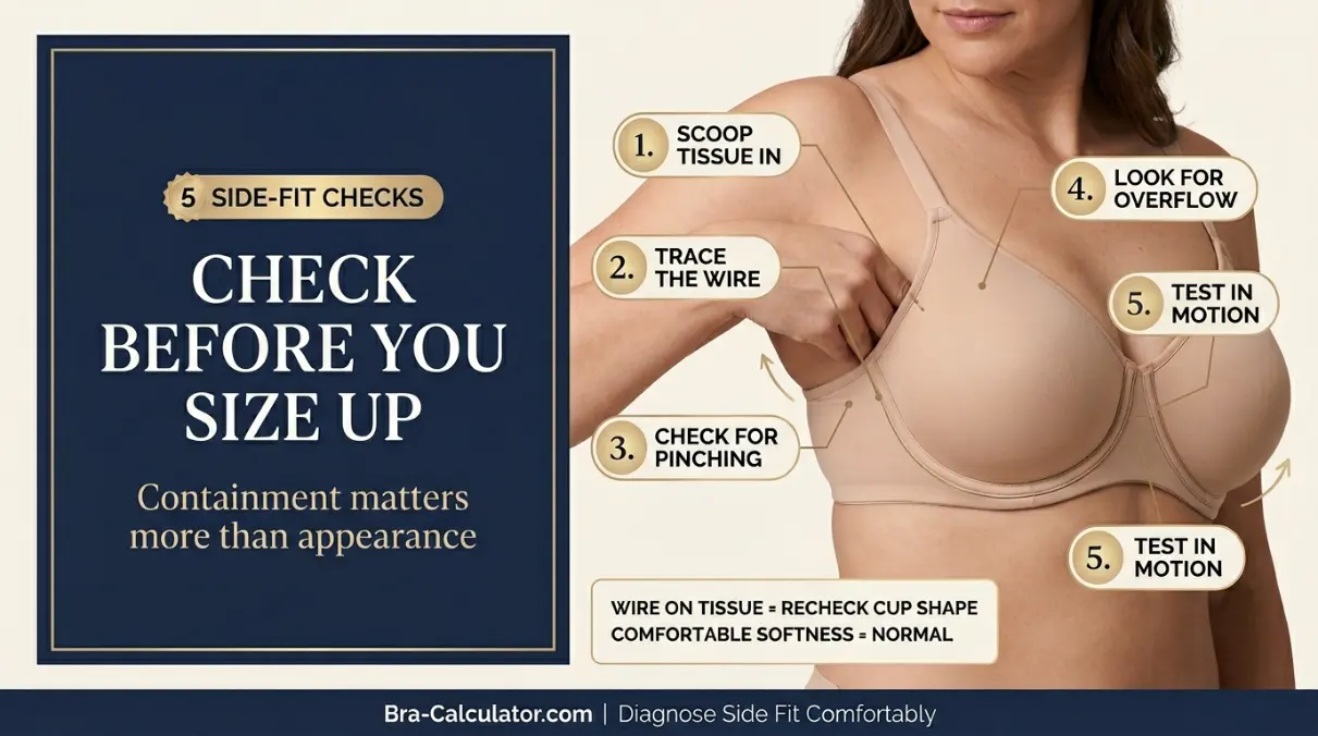 Five side boob bra fit tests showing scoop and swoop wire width side wing cup signs and movement check