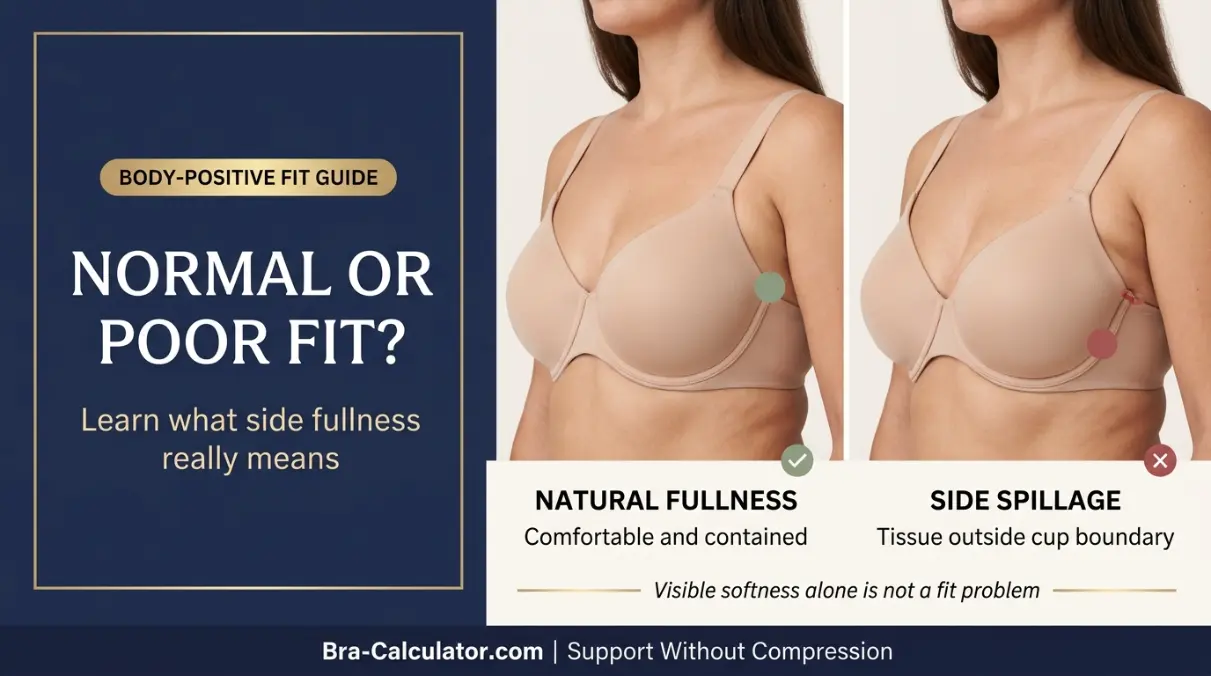 Side boob in bra guide comparing normal side fullness with breast tissue side spillage outside the cup