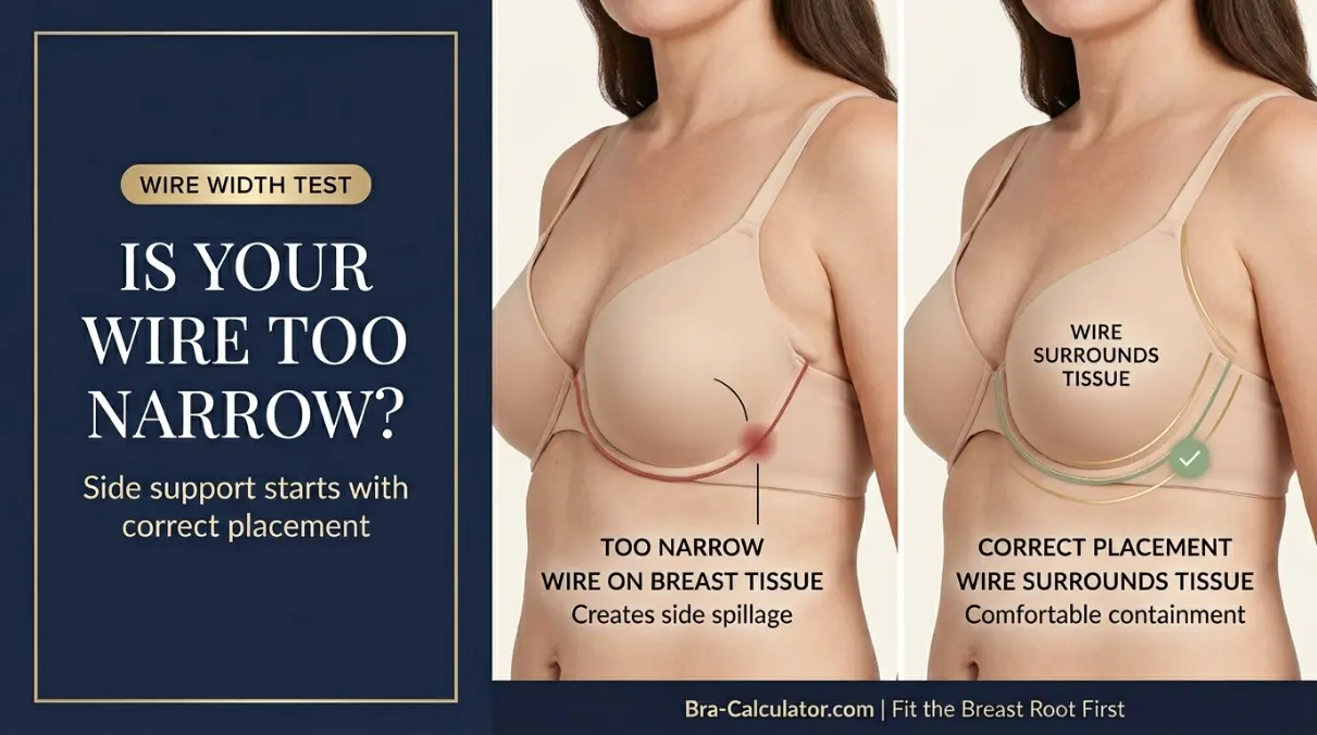 Side boob bra fit illustration comparing narrow wire side spillage with wider side support cup coverage