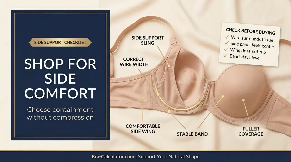 Side support bra features showing side sling correct wire width comfortable wing height and full coverage cup