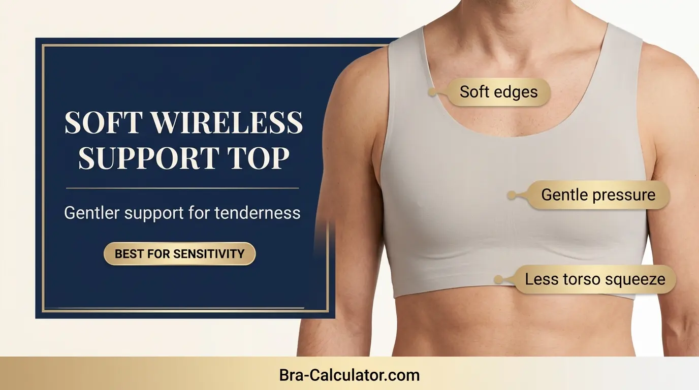 Soft wireless support top for gynecomastia tenderness when compression is too tight