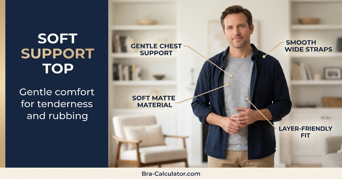 Soft support top for men with gynecomastia tenderness and comfort