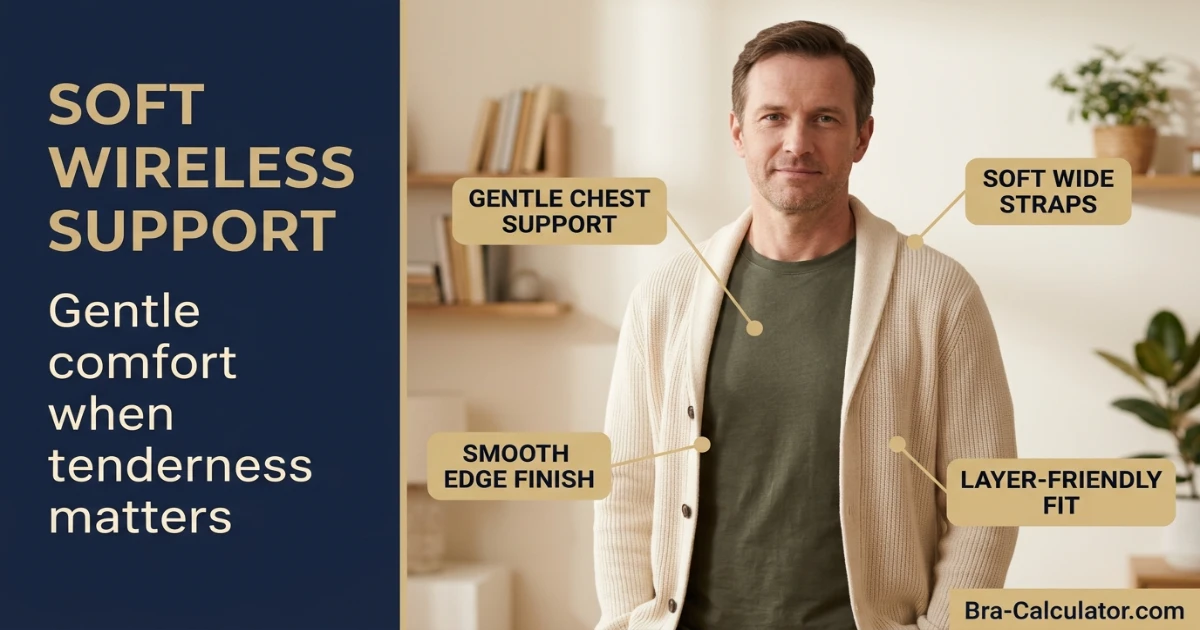 Soft wireless support top as discreet bra for men with gynecomastia tenderness