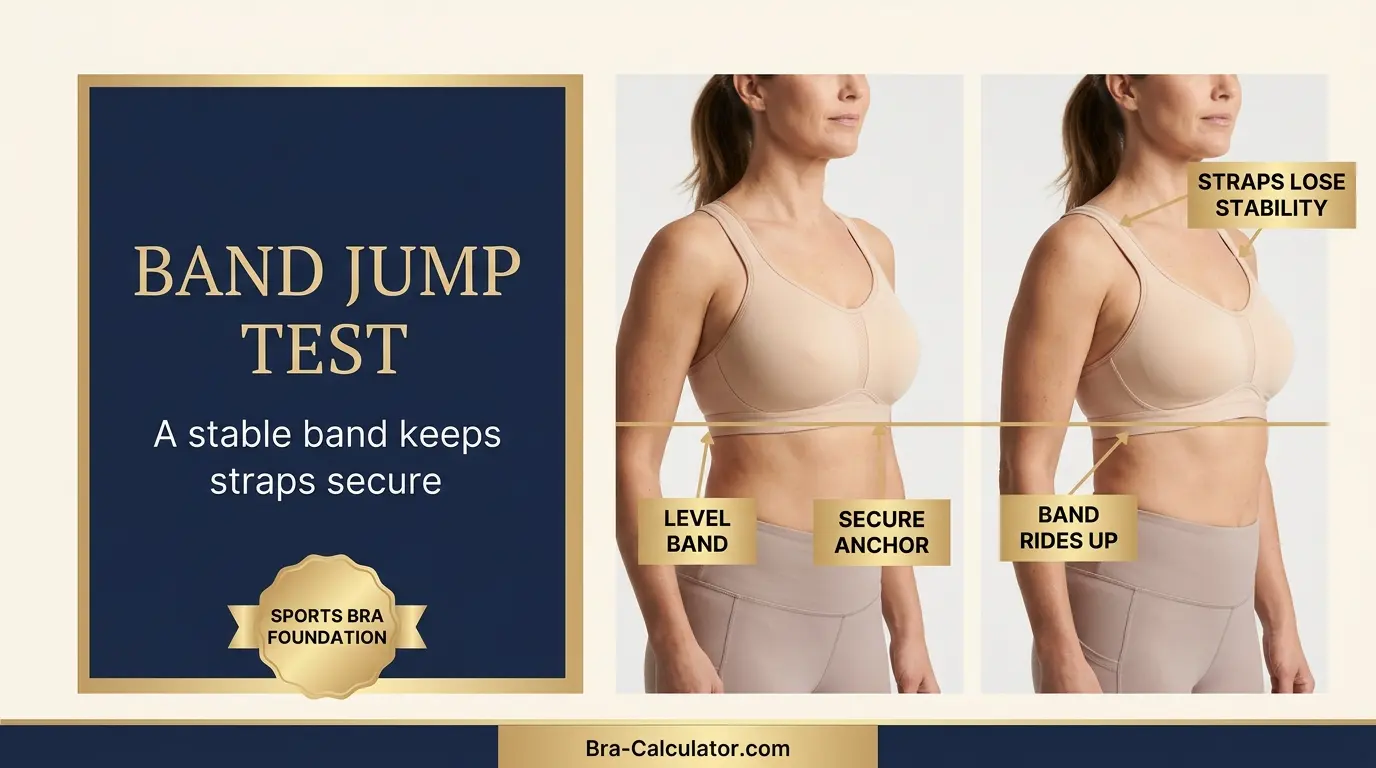 Sports bra band jump test showing level secure band compared with band riding up
