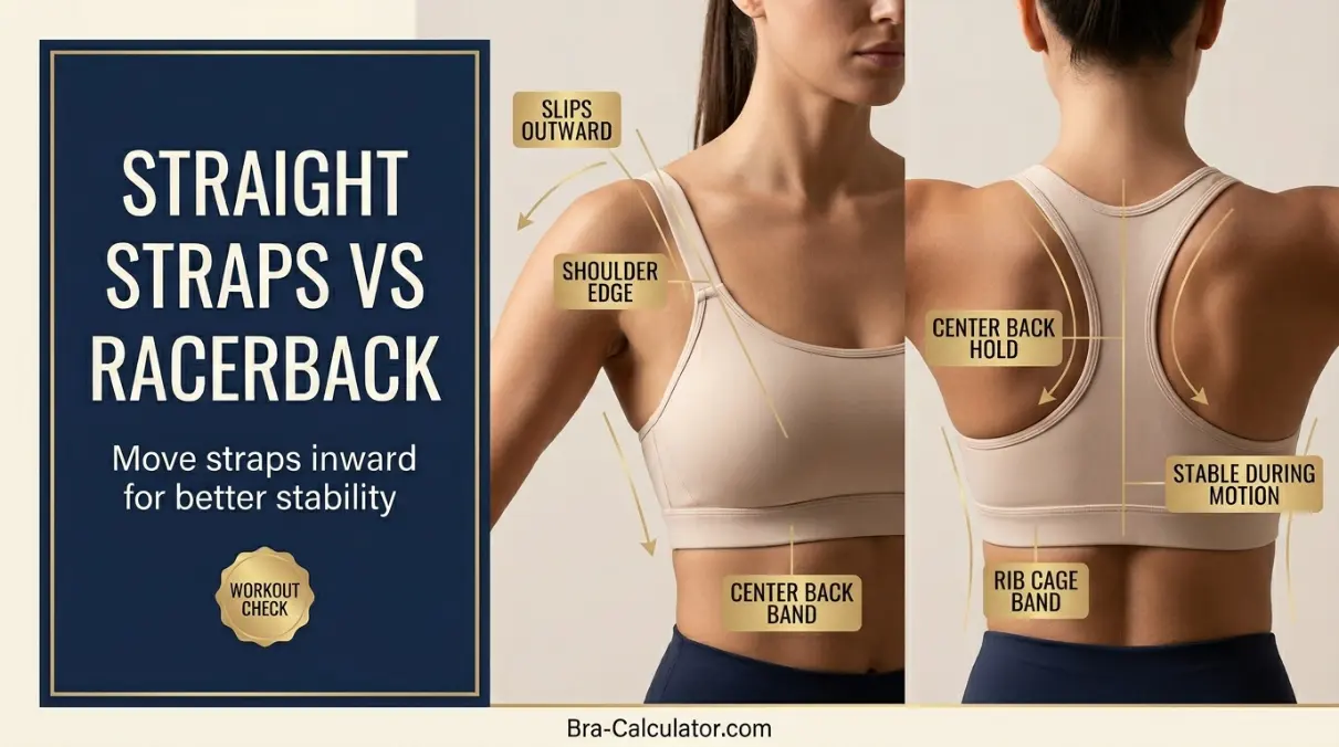 Straight sports bra straps slipping outward compared with secure racerback strap placement during movement