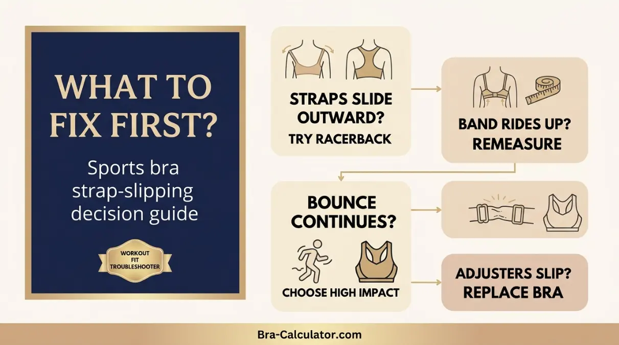 Decision tree for sports bra straps falling off showing racerback band size high impact support and replacement fixes