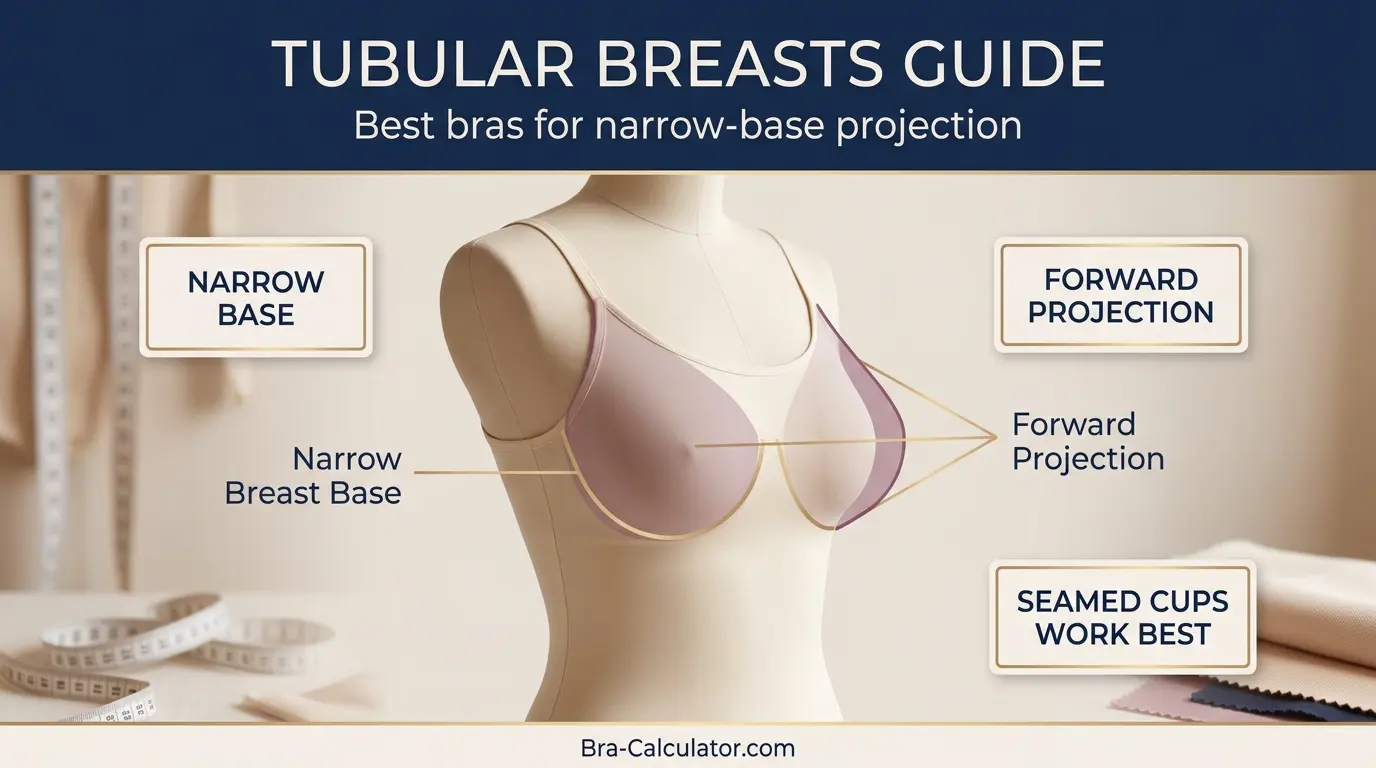 Illustration of tubular breast shape showing narrow base, elongated forward projection, and larger areola