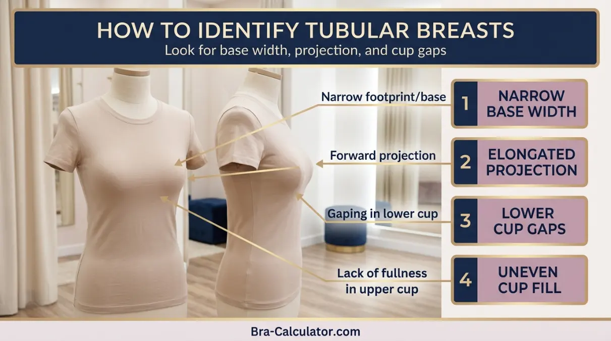 Diagram showing tubular breast identification signs including narrow root base and elongated projection