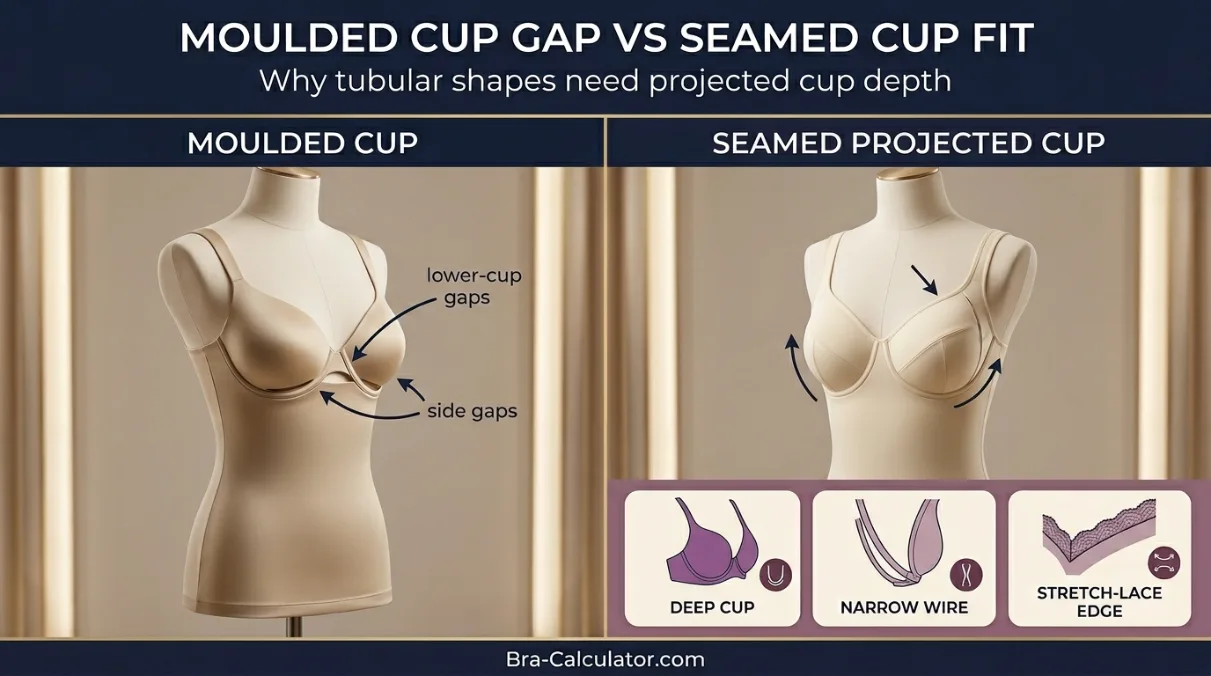 Side-by-side showing moulded cup gap on tubular breasts versus correct seamed projected cup fit