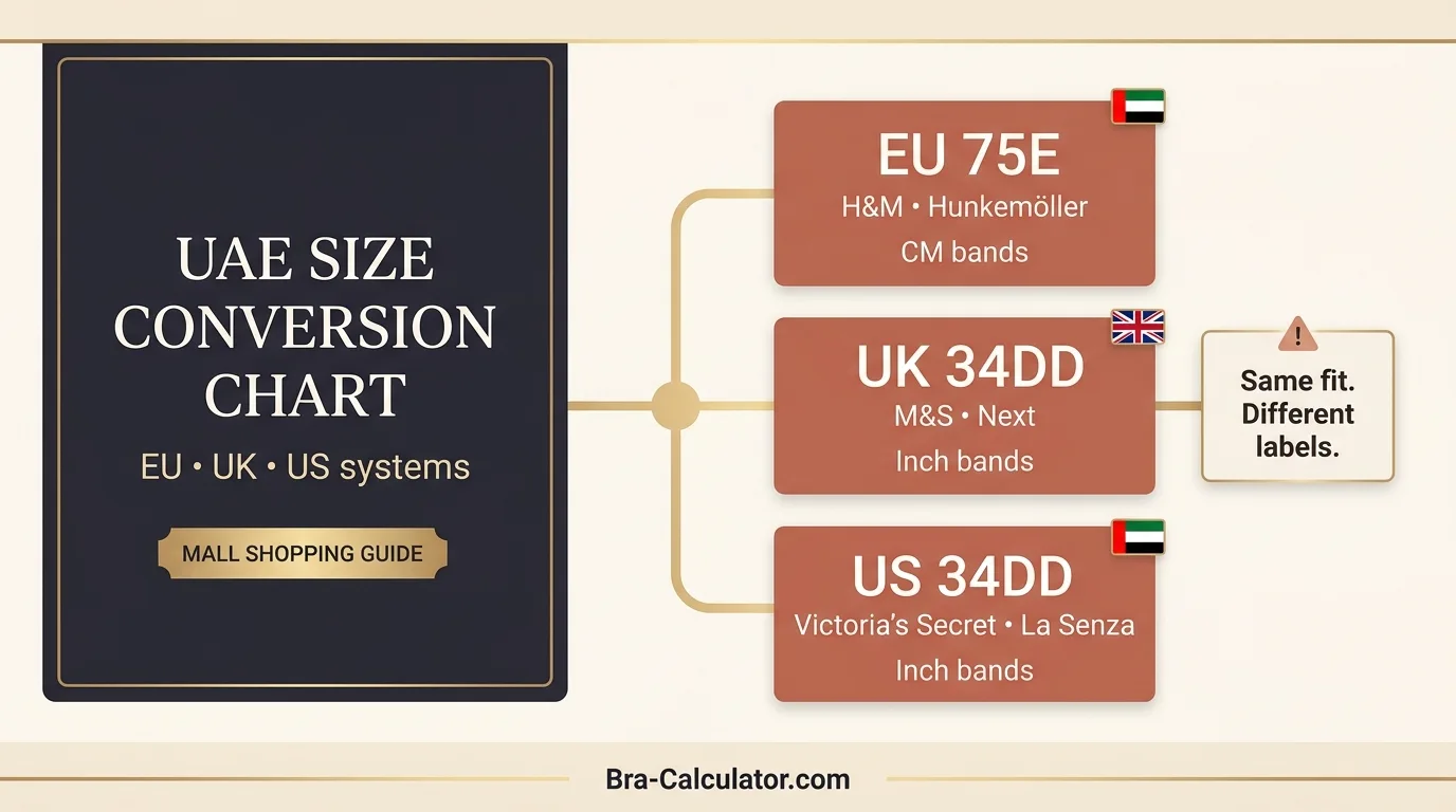 UAE bra size conversion chart comparing EU H&M Hunkemöller sizing with UK M&S and US Victoria's Secret systems used in Dubai and Abu Dhabi malls