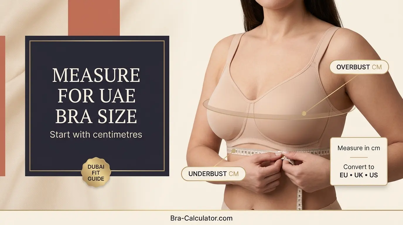 UAE bra size measurement guide showing underbust and overbust measurement in centimetres for accurate Emirates bra sizing across H&M Hunkemöller M&S Victoria's Secret Dubai