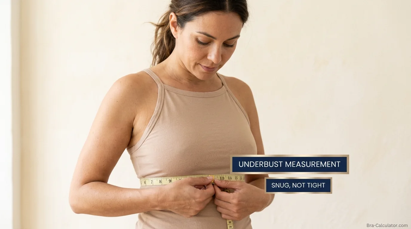 Woman measuring underbust with soft tape measure for bra size calculation